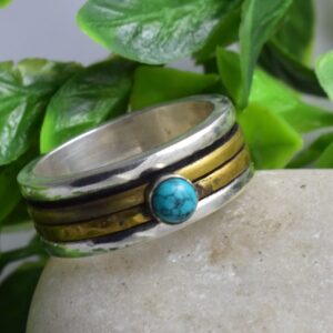 Mix Metal Hammered Turquoise Spinner Anxiety Ring.